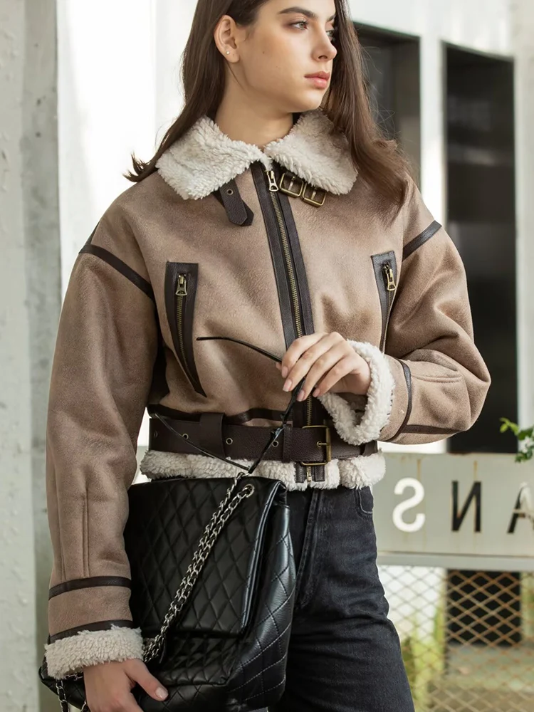 TFMLN Women Faux Lamb Leather Fur Short Jacket With Belt New Chic Short Thick Warm Zipper Pocket Street Winter Ladies Outwear