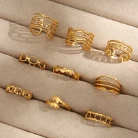 E.B.belle Hollow Chain Wave Heart Irregular Geometric Tarnish Free Stainless Steel 18K Gold Plated Adjustable Rings For Women