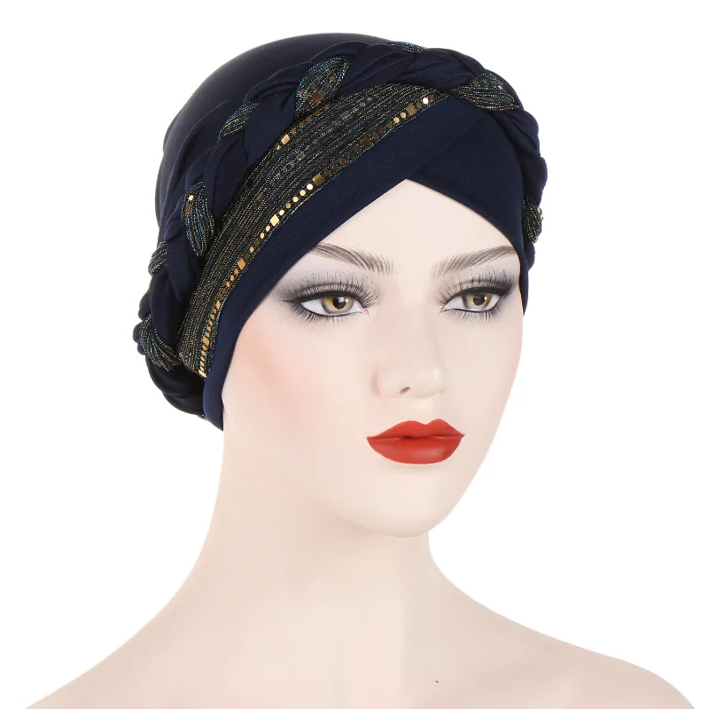 KepaHoo India Lurex Glitter Cross Braid Jersey Turban Hats Beanie Bonnet Canner Islamic Chemo Caps Solid Muslim Hair Loss Cover 4