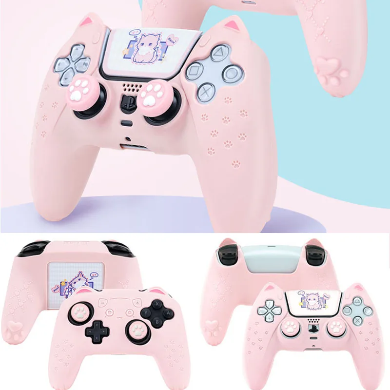 Cat Paw Pink Silicone Soft Cover Sticker Skin Per Nintendo Switch Pro Sony Dualsense 5 Ps5 Controller Case Thumb Stick Grip Cap