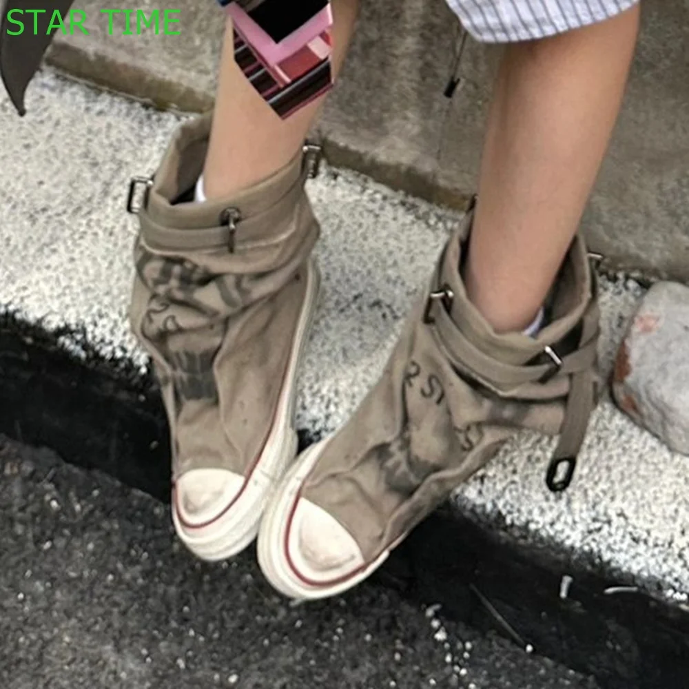 Denim Round Toe Casual Ankle Boots  2024 Spring Belt Buckle Street Style Sports Shoes Khaki Fashion Women Short Boots