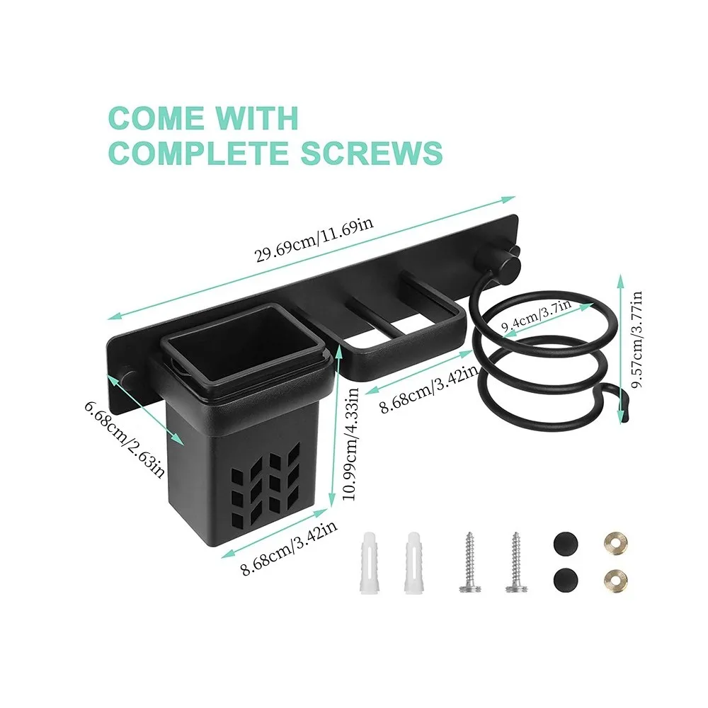 Wall-mounted Hair Dryer Holder Bathroom Storage Rack Multi-functional Space-saving Storage Box for Hair Care Tools 6