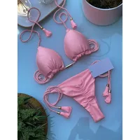 2025 2025 New Women Ribbed Bed Swimsuit Sexy Swimwear Micro Thong Bandage Bathing Suits Halter Brazilian Biquini Bikinis