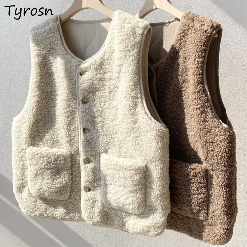 

Double Sided Vests Women Lambswool V-neck Loose Autumn Winter Coats Sleeveless Velvet Thick Warm Solid All-match Female Chic Ins