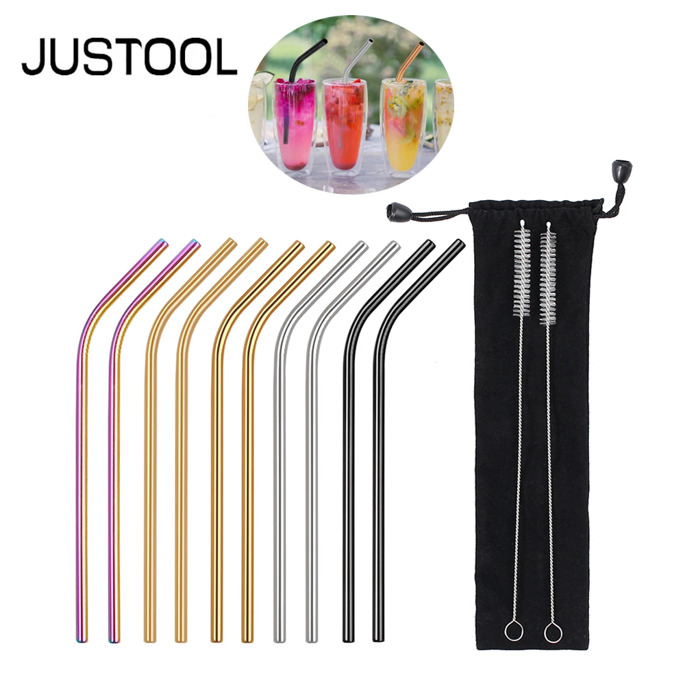 

JUSTOOL 10 pcs Stainless Steel Bent Drinking Straws Reusable Metal Drinking Straws with Brushes Party Bar Assorted
