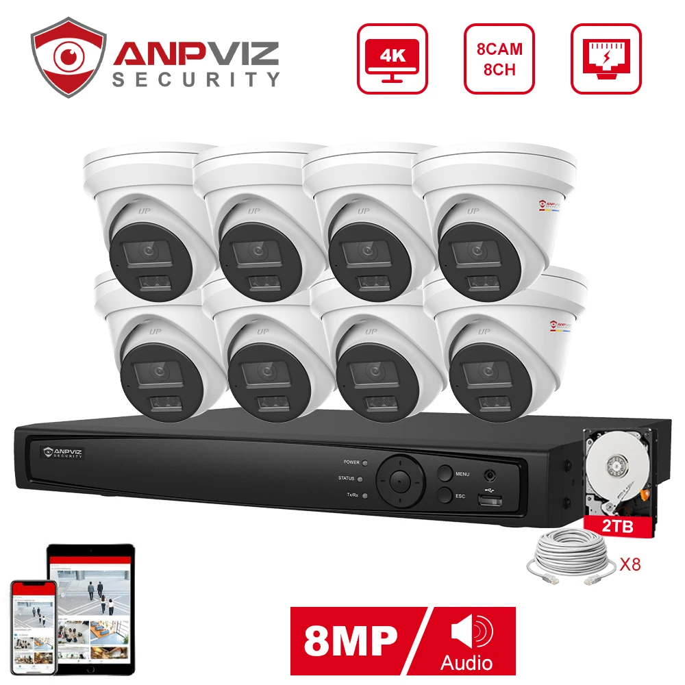 Anpviz 8CH 4K NVR 8MP POE IP Customized Camera Plug&Play System CCTV Outdoor Security Surveillance Kit Remote View H.265 IR 30m