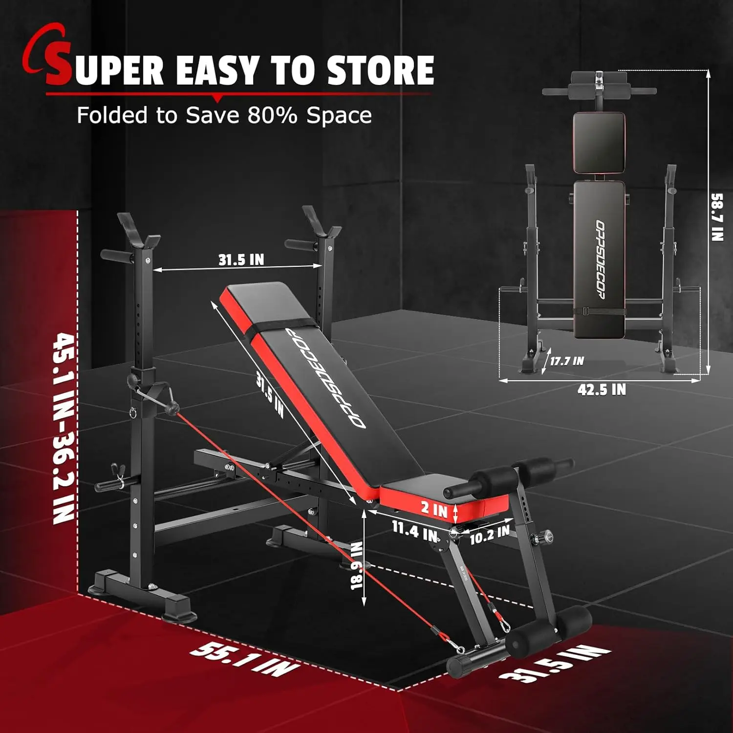 Adjustable Weight Bench Set with Squat Barbell Rack, Removable Foot Bracket, 600lbs 6 in 1 Weight Bench, Foldable Work