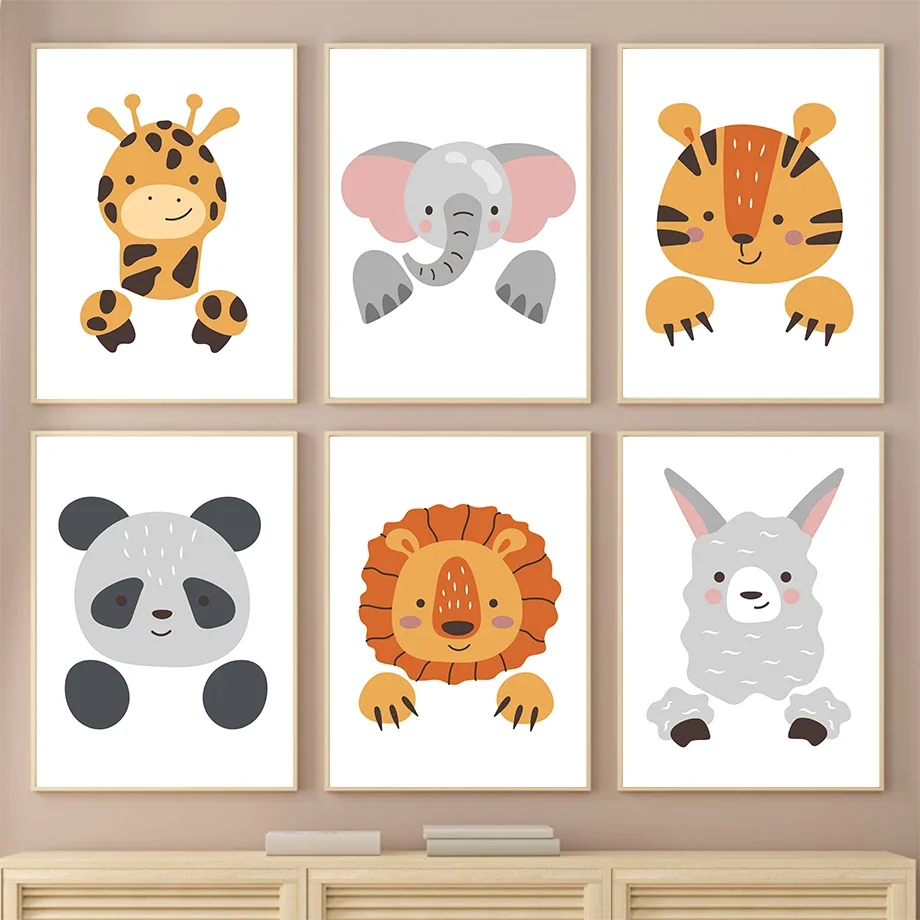Forest Animal Lion Tiger Elephant Giraffe Alpaca Panda Wall Art Posters Prints Nordic Canvas Painting Cartoon Pictures Kids Room