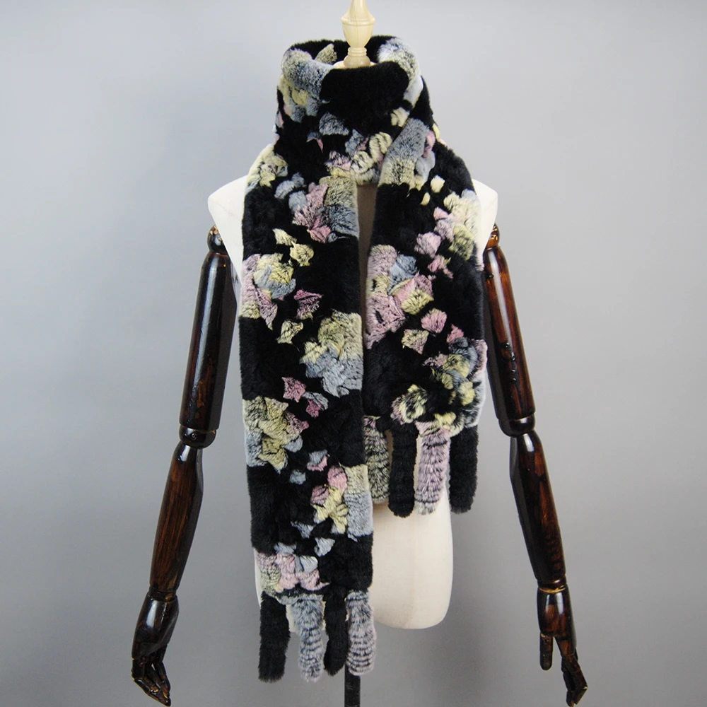 Long Style Women Winter Real Rex Rabbit Fur Scarf Natural Rex Rabbit Fur Scarves Lady Knitted Ring Scarves