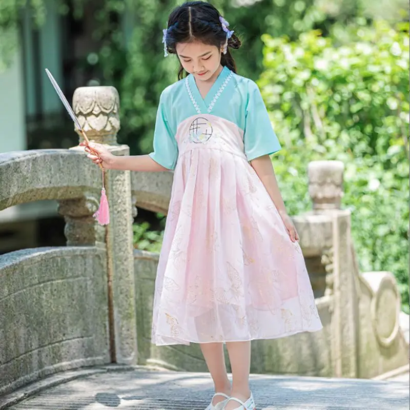 Children Ancient Costume Princess Cosplay Stage Dress Chinese Traditional Hanfu Dress For Girls 2 Color Kawaii Baby Summer Dress