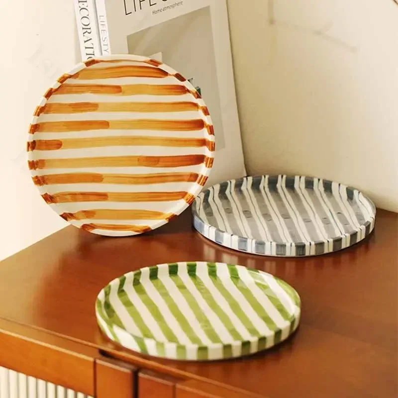Nordic Ceramic Plate Striped Creative Western Food Dinner Dishes Plates Breakfast Dishe Dessert Plate Coffee Tableware Mug Set