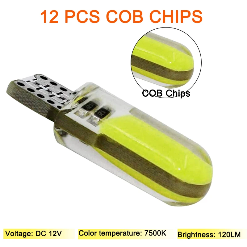 10 PCS T10 W5W LED Silicone Waterproof COB Bulb 12V 7500K White Car  Interior Dome Reading Trunk License Plate Wedge Side Lights