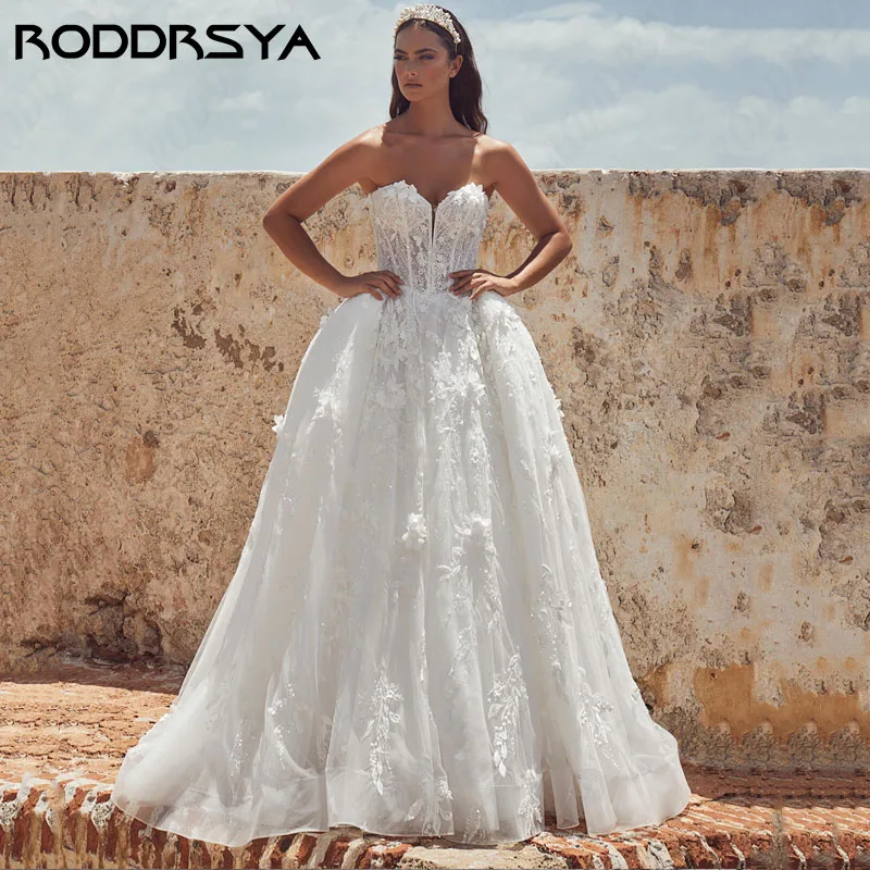 

RODDRSYA Strapless A-line Wedding Dresses Removable Train Backless Tulle Vestidos De Novia Luxury Lace Bridal Party Custom Made