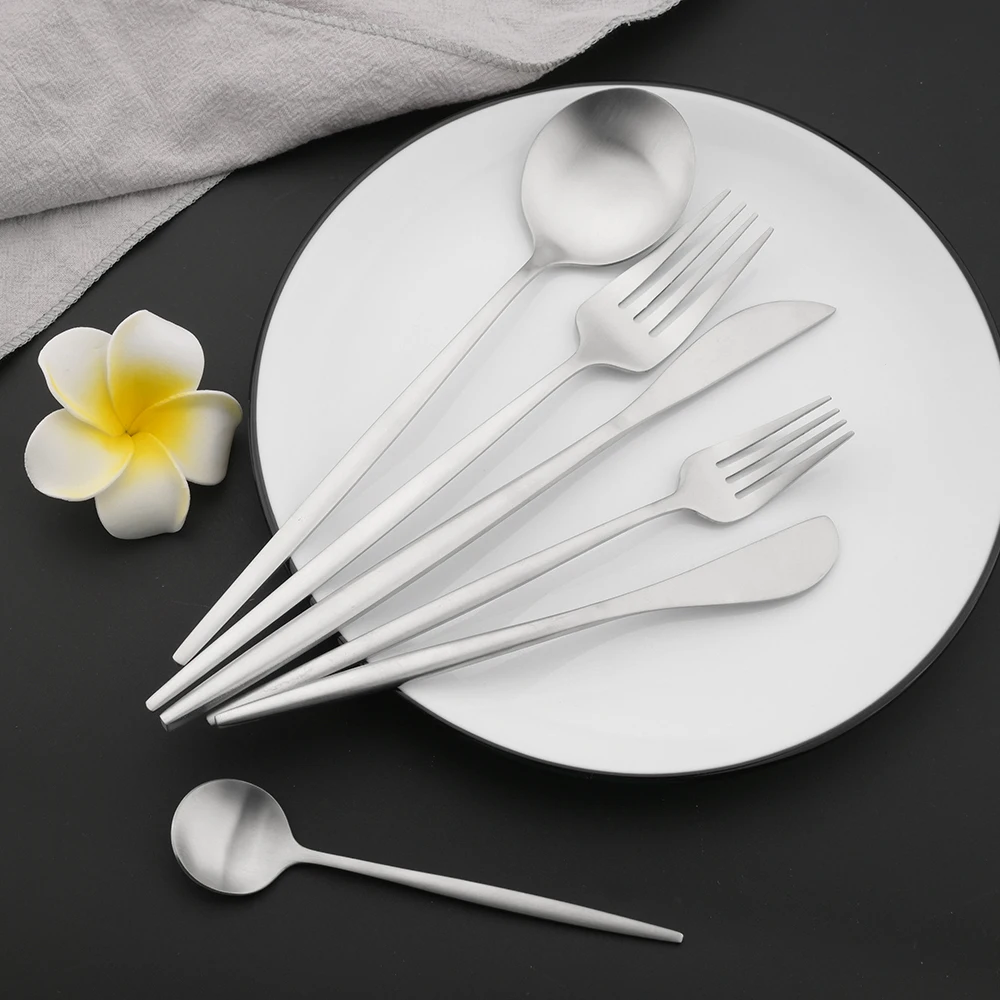Description Picture 5 of item6Pcs Silver Tableware Set Knife Fork Long Handle Spoon Dinnerware Dessert Flatware Matte Cutlery Stainless Steel Silverware