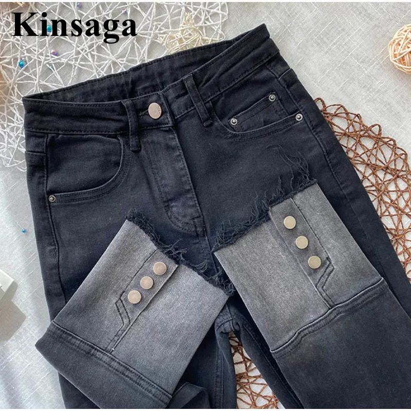 Women Buttons Back Hem Sexy Stretchy Ankle Length Distressed Pencil Jeans  2XL Streetwear Gradient Color Indie Capris Denim Pants