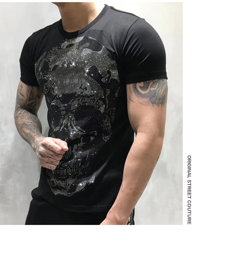 

100% cotton men tshirt maker skull strysal rhinestones funny streetwear crew neck short sleeve homme men clothing summer
