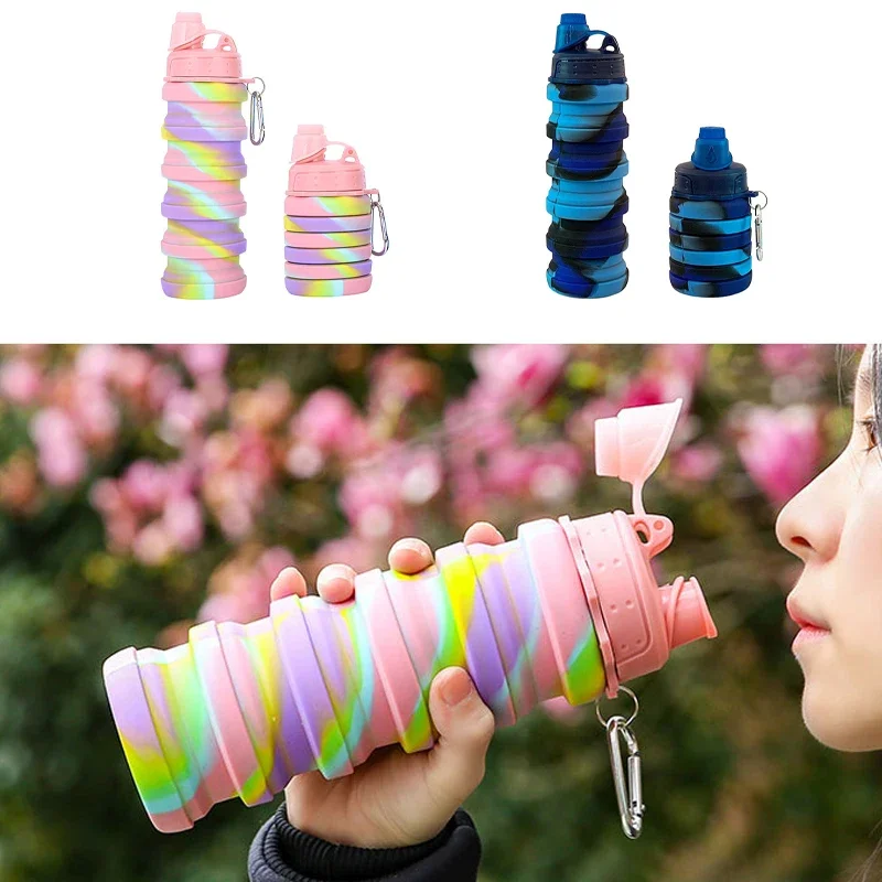 Portable Collapsible Silicone Water Bottle With Lid Camouflage Foldable Kettle For Sports Travel Drinking Cup With Carabiner Cup