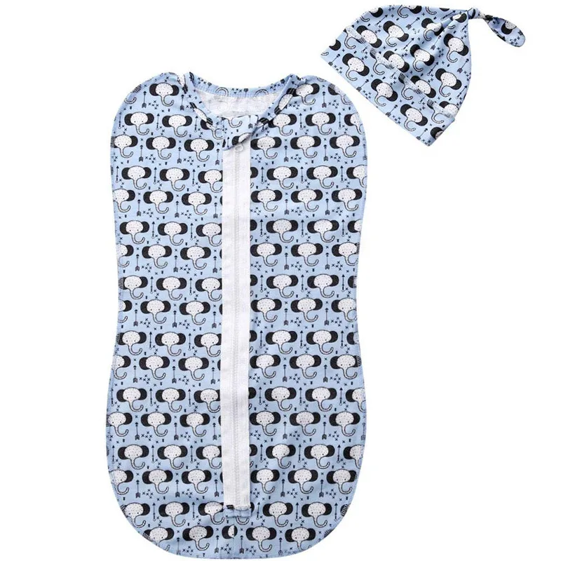 0-6m Newborn Sleeping Bags Cartoon Animal Print Zipper Baby Girls Boys Swaddle Wrap Blanket + Hat