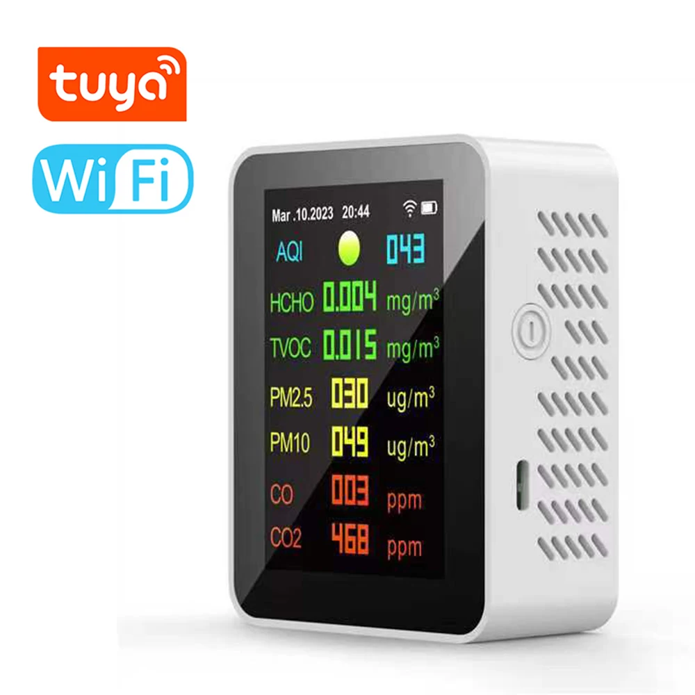 Tuya WIFI 7in1 Air Quality Tester HCHO CO CO2 PM2.5 PM10 TVOC AQI Testing Time Date Display Air Analyzer Carbon Dioxide Detector