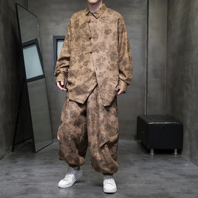 

Shirt+Pants Sinicism Men's Loose Printed Sets New China Improved Version of Tang Suit Hanfu Retro Corduroy Button Shirt Bloomers