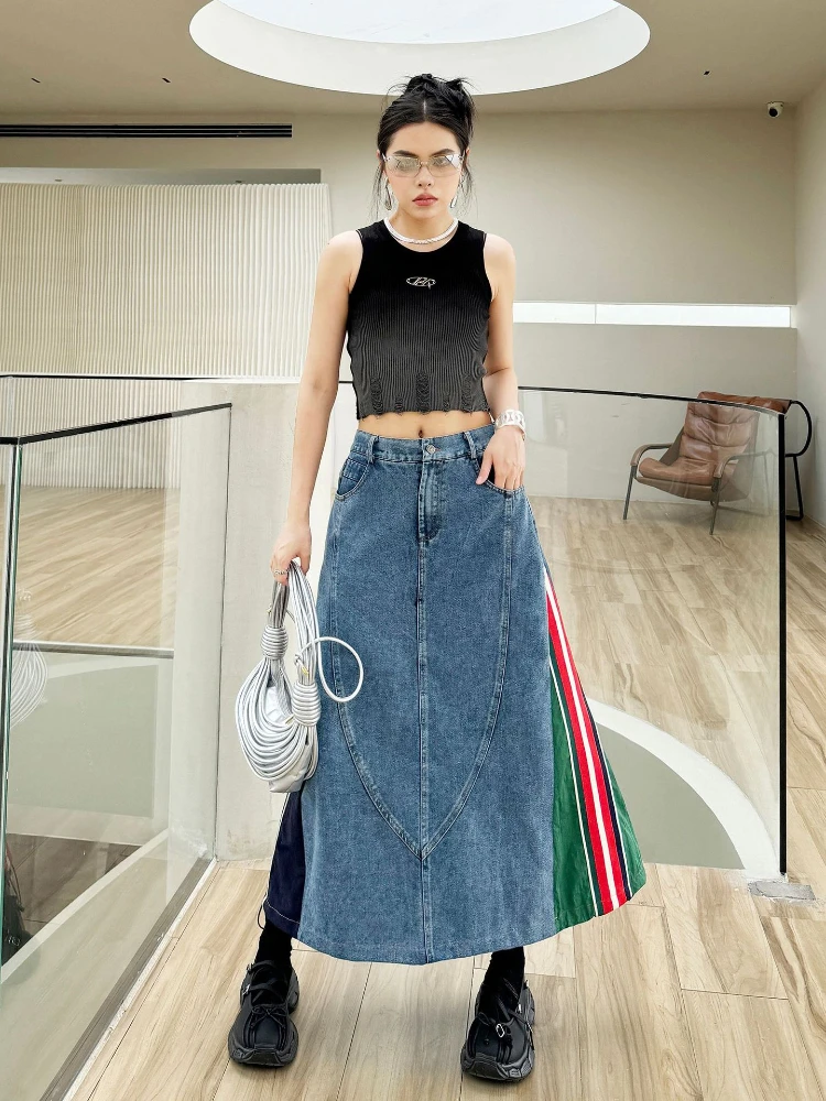 

2024 Street Spice Girl High Waist Denim Skirt Women Summer New Contrast Color Stitching Slim Casual Fashion A-Line Dress Trendy