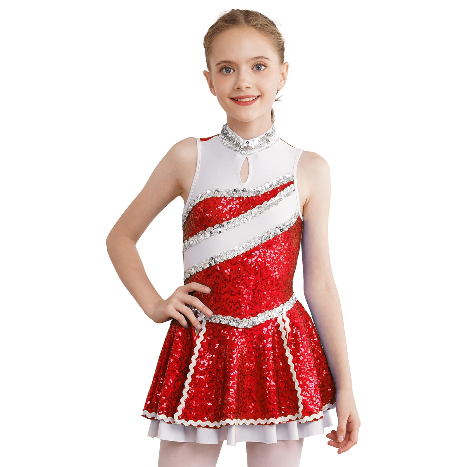 Kids Girls Cheerleading Uniform Schoolgirl Dance Costume Sleeveless Shiny Sequins Dance Dress Cheer Figure Skating Ballet Dress