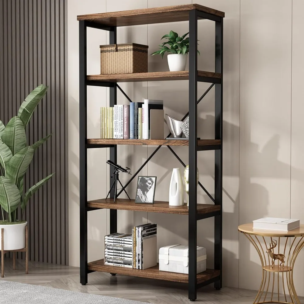 

5 Tier Industrial Solid Wood Bookshelf, Open Etagere Bookcase with Metal Frame, Vintage Industrial Style Bookcase