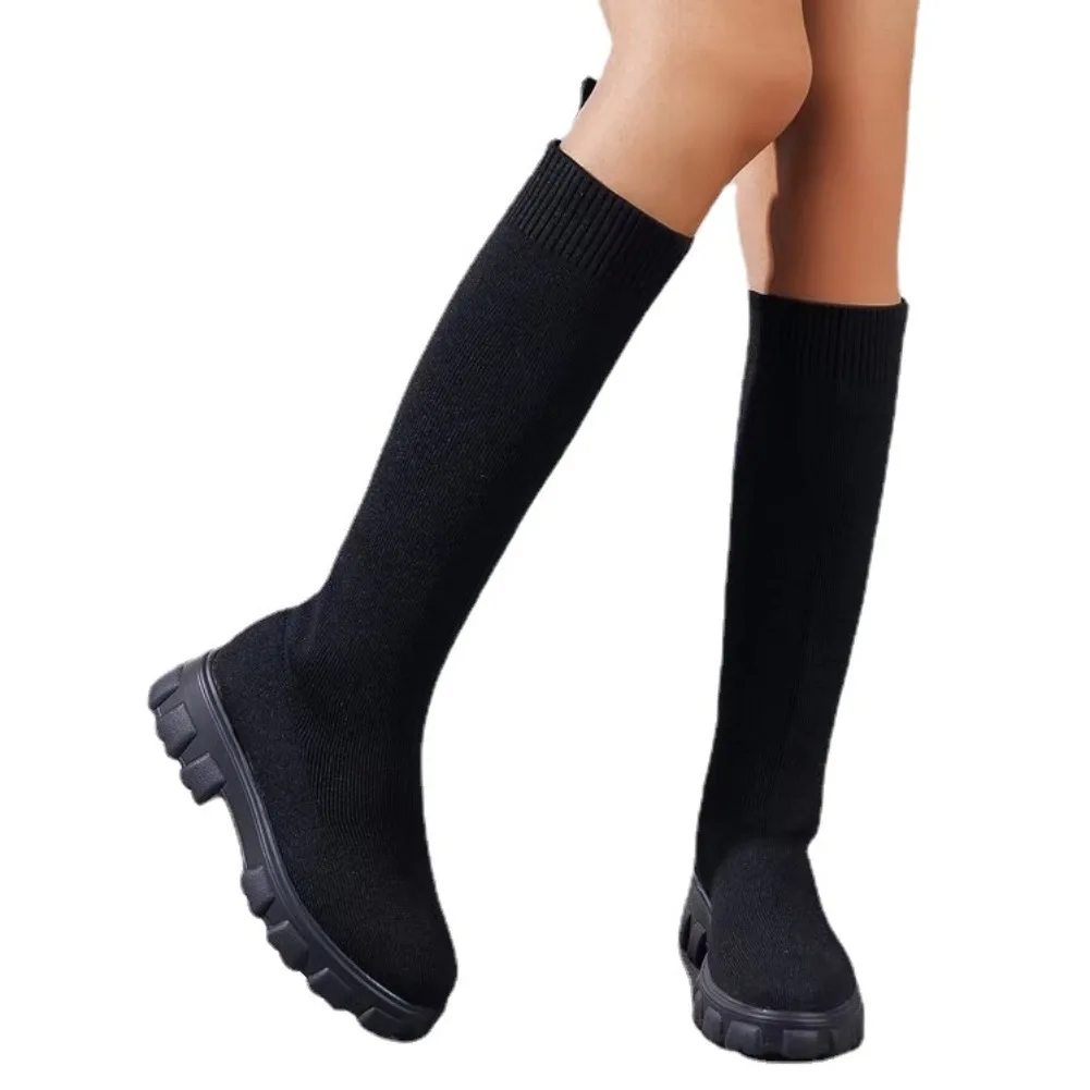 Thick Sole Knitted Long Boots for Women Fashion Elastic Socks Shoes Boots Over Knee Round Toe Low Heels Botas De Mujer 2025