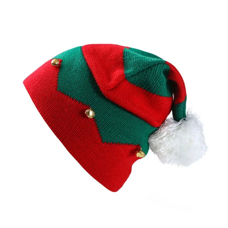 

Christmas Elf Hat Beanie Crochet Winter Knit Black Green Wavy Stripes Skull Cap