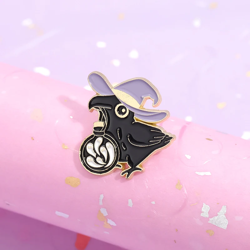 Punk Crow Bird Skull Wizard Enamel Pins Funny Black Animals Metal