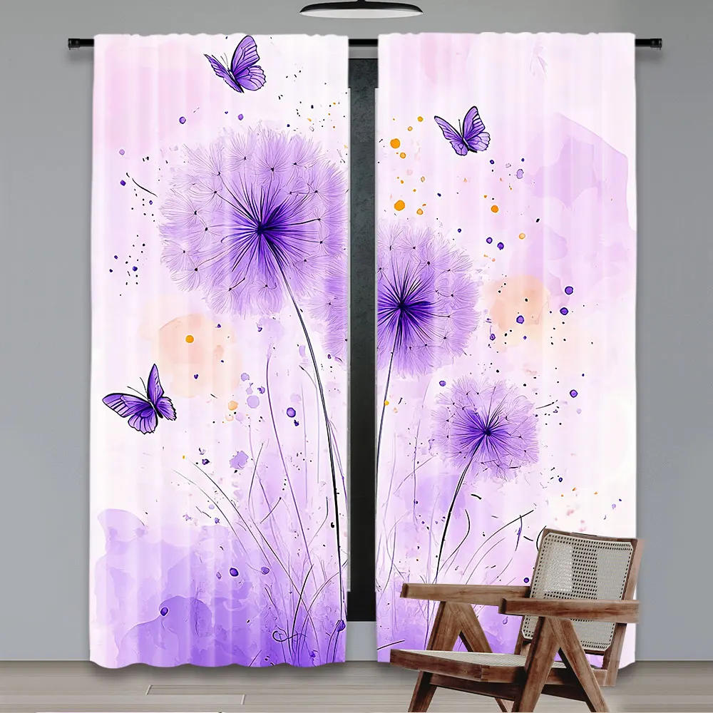 2Pcs Dandelion Curtains Butterfly Rustic Farmhouse Curtains For Adults Purple Gradient Romantic Suitable For Living Room Bedroom 2
