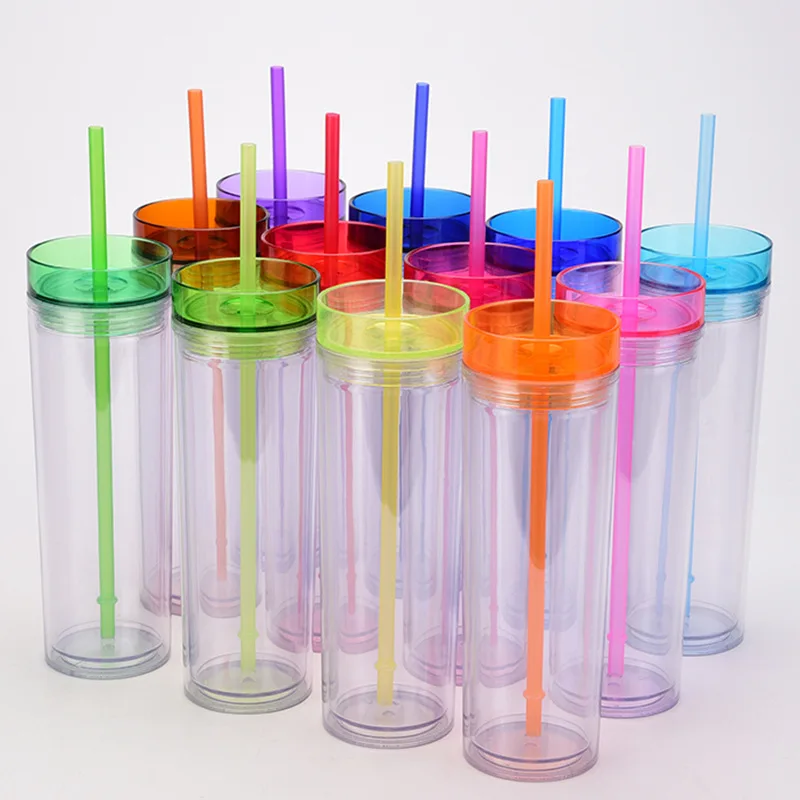 dropshipping double wall 473ml 480ml 500ml 16oz pastel color plastic skinny  tumbler skinny cup with straw and lid - AliExpress