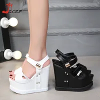 Peep Toe Platform Wedges Sandals Women 14cm Increased Height Summer Ladies Shoes White Black High Heels - Image 2