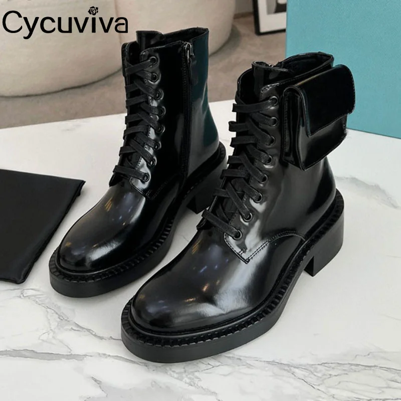 

Autumn Black Real Leather Platform Short Boots Pocket Decor Lace Up Ankle Boots For Woman Square Heel Dress Shoes Botas Mujer