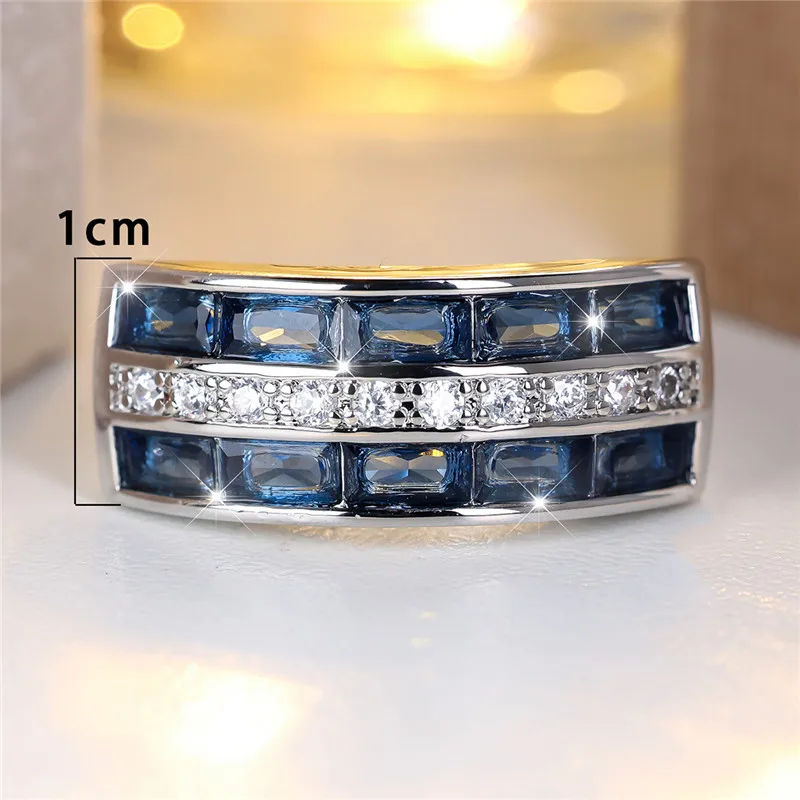 Cute Female Blue Zircon Stone Engagement Ring Silver Color Wedding Jewelry For Women