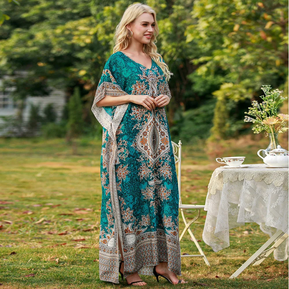 Moroccan Caftan Kaftan Abaya For Women V-neck Half Sleeves Print Abaya Dubai Muslim Turkey Islam Abaya Loose Women Clothing