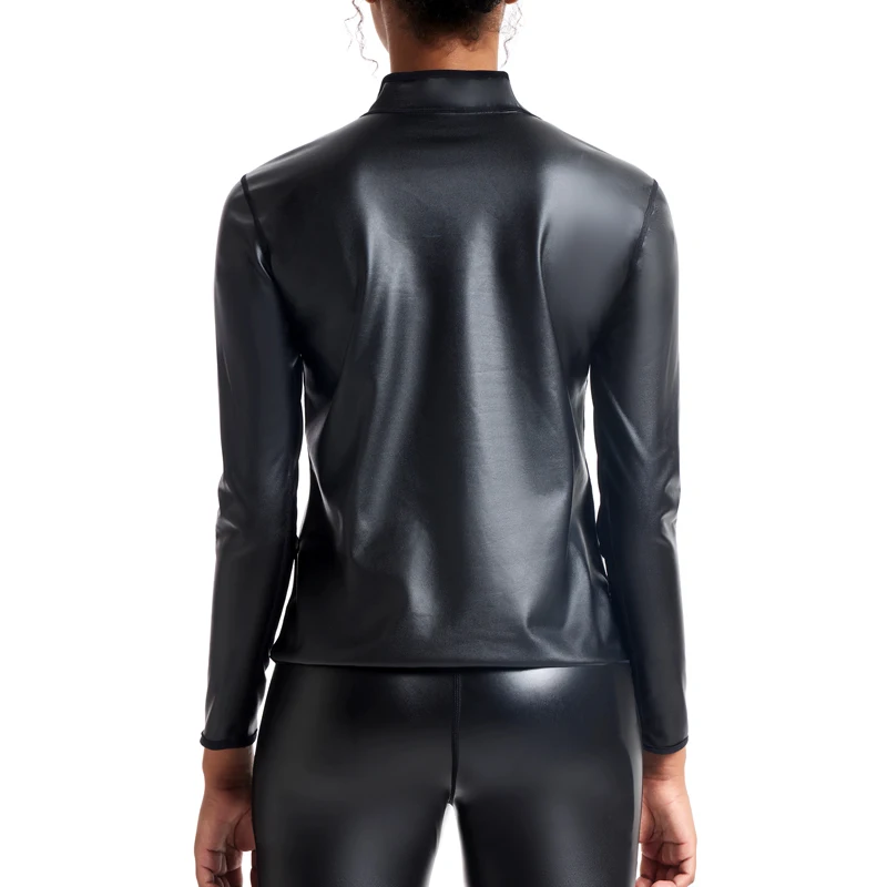 Body Shaper Waist Trainer Women Stand collar Leather Long Sleeves Shirt Motorcycle Biker Tops