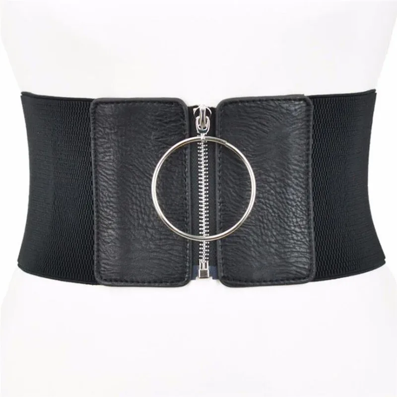 

Women Ultra Wide Belt For Dresses Ladies Elastic Belts Female Big Metal Circle Ring Black Cummerbund Waist Strap