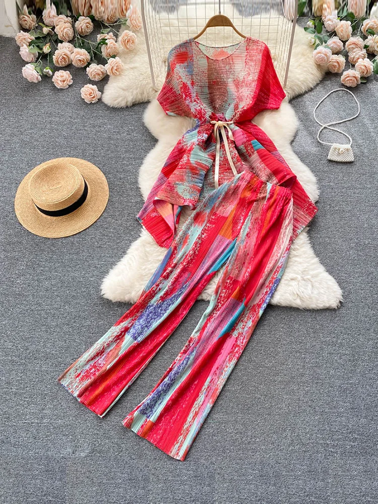 

Summer Retro Printing Temperament Suit Women Tightened Waist Irregular Top High Waist Drape Trousers Two-piece Set Y022
