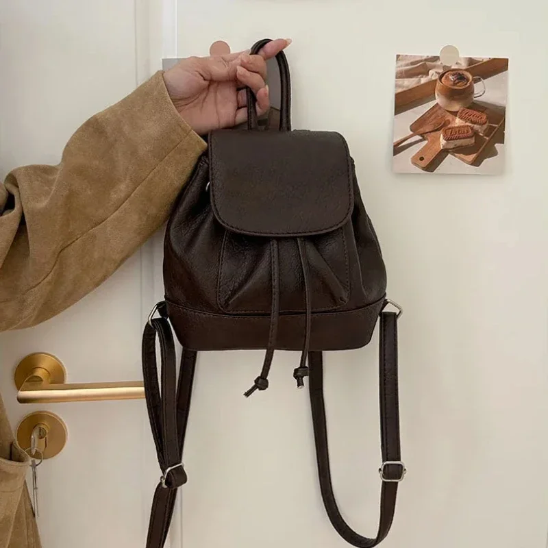 Flap Backpack Faux Leather Drawstring Backpack Small Fashion