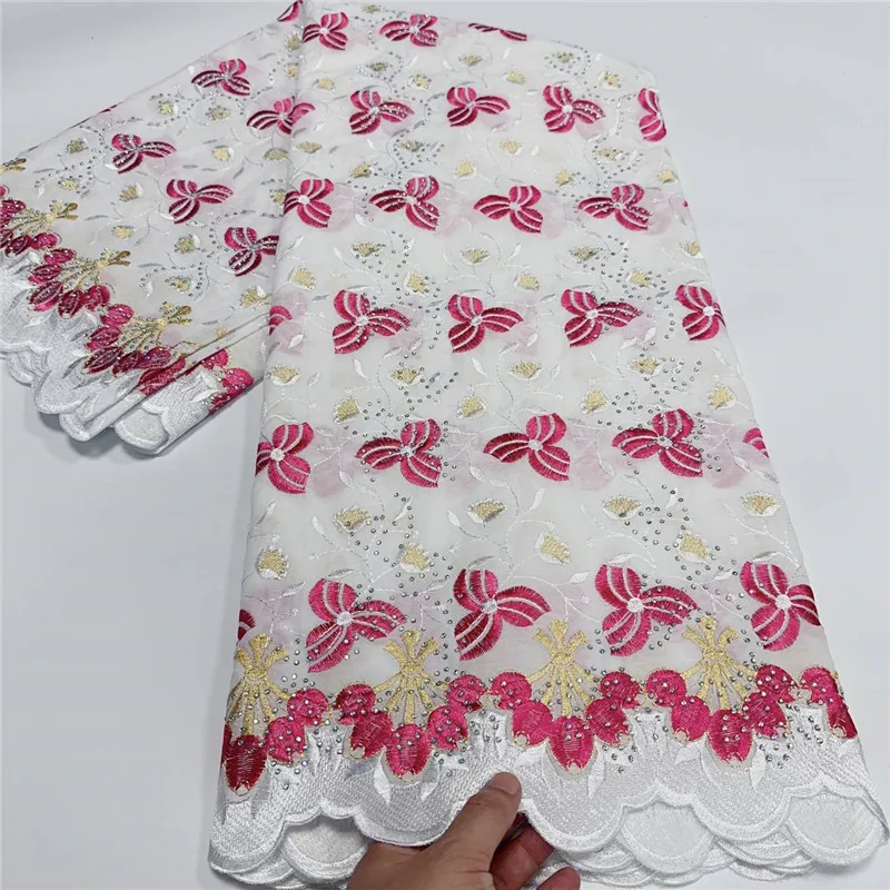 

5 Yards African Swiss Voile Lace Fabric Embroidery High Quality With Stones Dry 100% Cotton For Wedding 3L071501