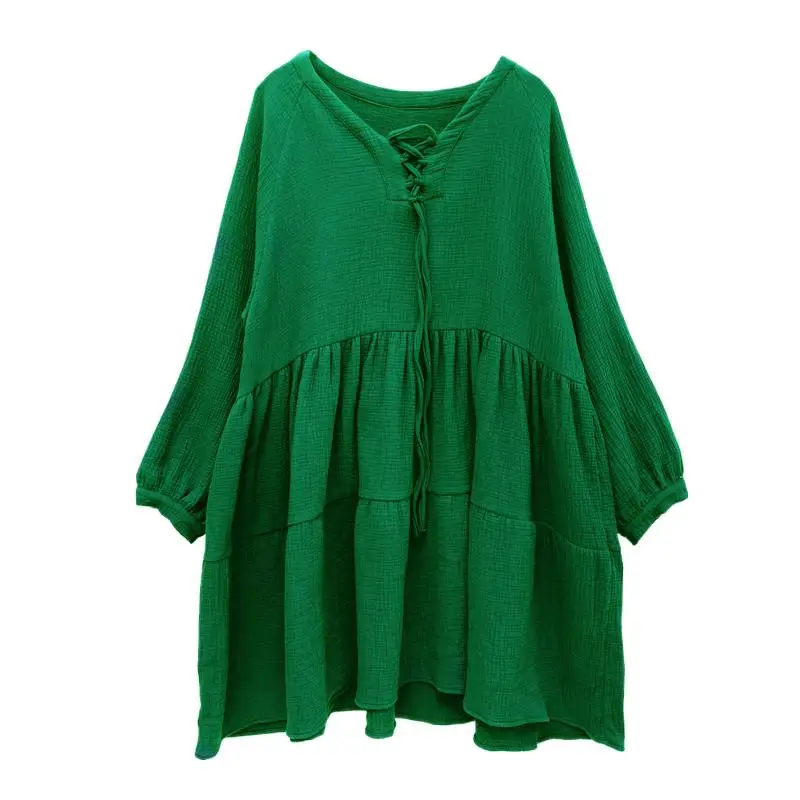 

Платье-мини из хлопка и льна, с длинным рукавом