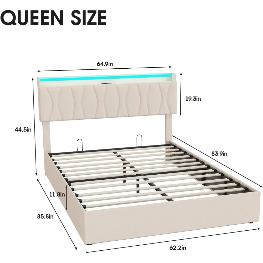 Storage Bed Frame with Adjustable Headboard, Charging Station, LED Lights, Wood Slats, Lift Up Storage Bed Frame, Bedstead 2