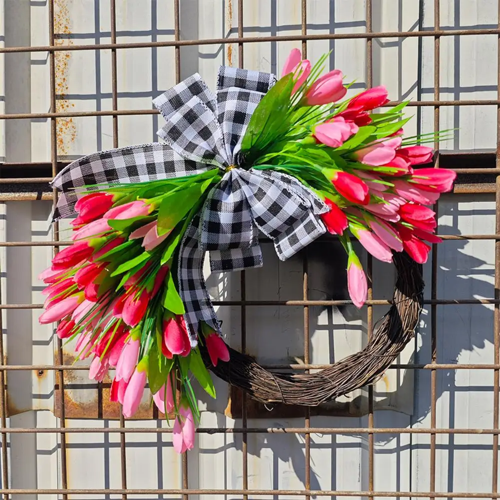 

Прочный дверной венок, искусственный дверной венок, весенний цветочный клетчатый венок с бантом, дверной венок для домашнего декора, украшения для сада