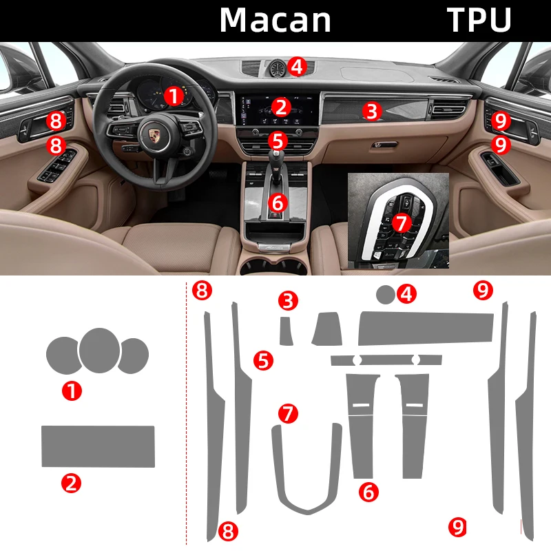Tpu Transparent Film for Porsche Macan 2022 2023 Car Interior Sticker Center Console Gear Navigation Dashboard Door Window Panel