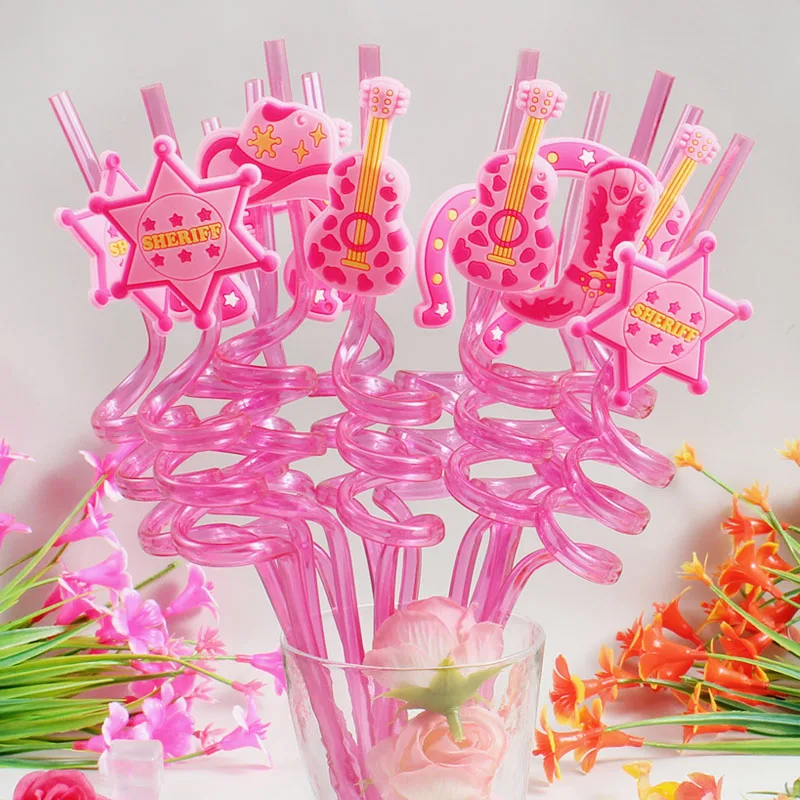 12-Piece Reusable Spiral Straws, Pink Western Cowboy Style – Vibrant Drinkware Set
