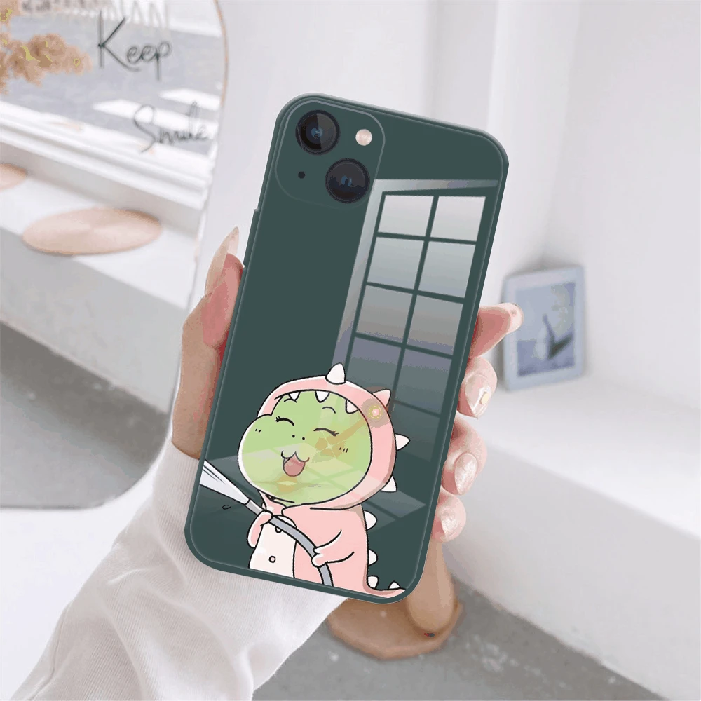 Cute Cartoon Animal Dinosaur Couple Phone Case For iPhone 11 12 13 Pro Max 12 13 Mini Dark green Tempered Glass reflective case cute iphone 11 Pro Max cases