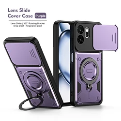 Rugged Armor Shockproof Phone Case with Slide Camera Lens Protection & Ring Stand for Itel A100C (Purple)
