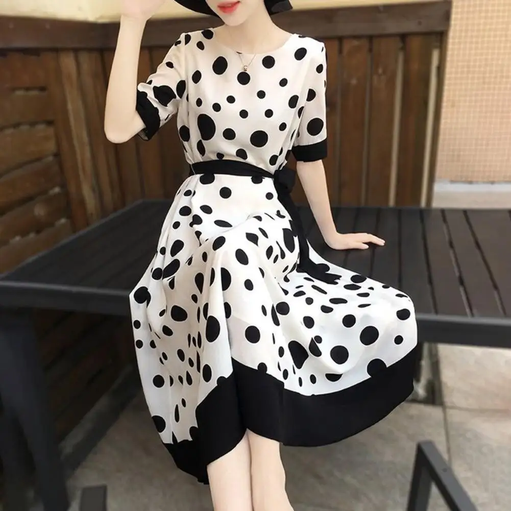 

Women Dress Dot Print Lace Up Waist Short Sleeves O Neck Contrast Color Calf Length Summer Vintage Dress Beach Wear Clothing