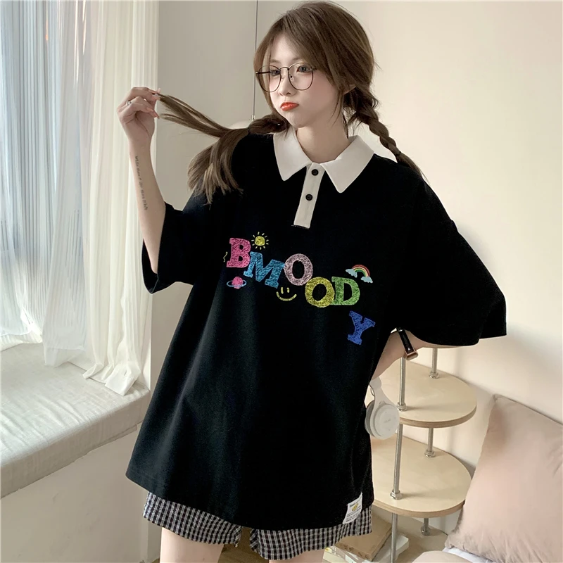

Женская свободная футболка с буквенным принтом, топы в японском стиле Kawaii Ulzzang, Корейская одежда Harajuku для женщин